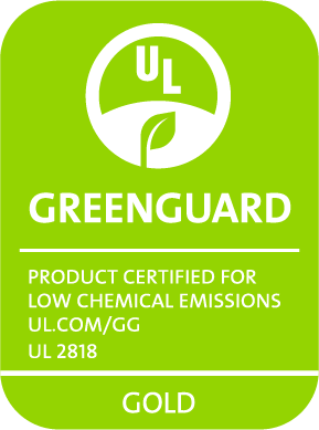 Green certification label with UL GREENGUARD logo. Text reads Product certified for low chemical emissions UL.com/GG UL 2818 GOLD on a green background.