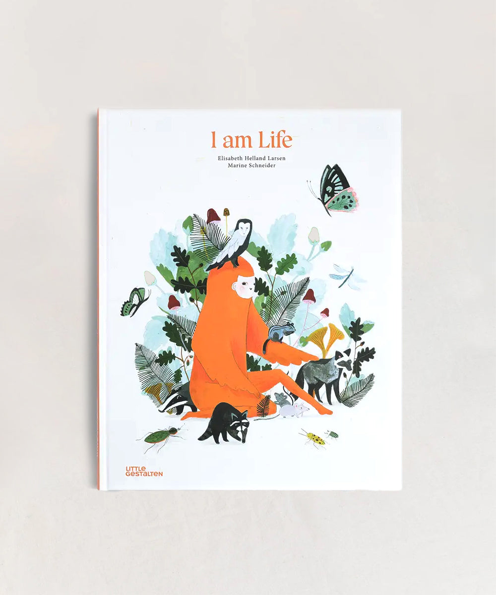 Cover for Le Book - I Am Life featuring an orange figure among foliage, butterflies, a cat, and other animals.