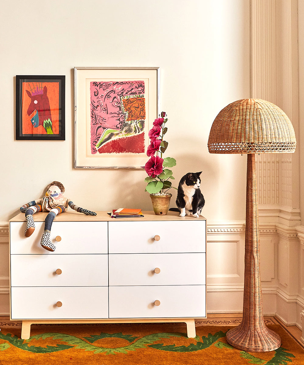 Room featuring a Sparrow 6-Drawer Dresser, doll, cat, artwork, floor lamp, and potted plant. Cream-colored walls complement an orange-patterned carpet.