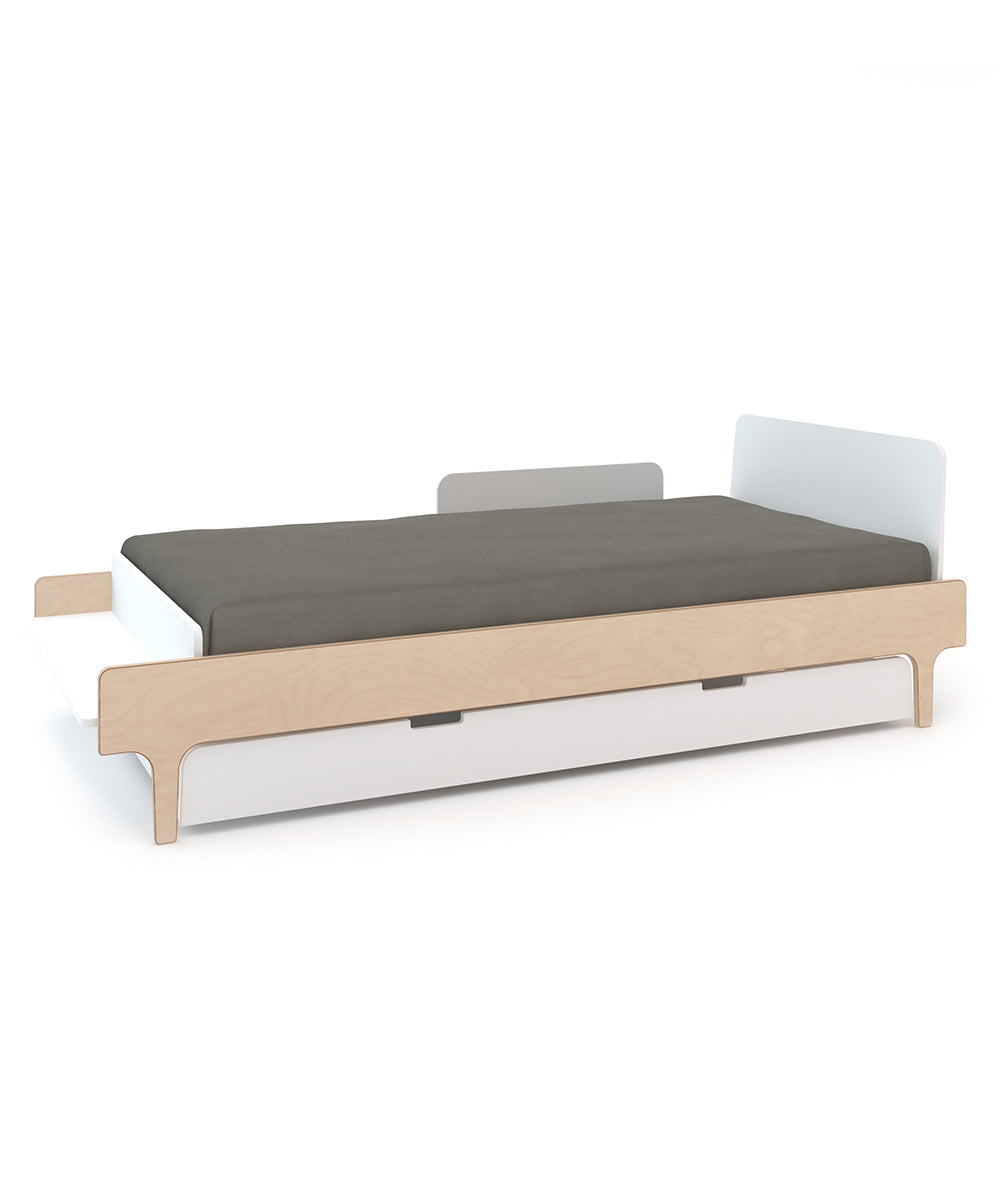 The Security Bed Rail is a modern single bed featuring a light wood frame and dark gray mattress, complete with side and back headboards.