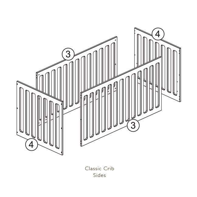 Illustration of Classic Crib Sides assembly with four panels labeled as parts 3 and 4.