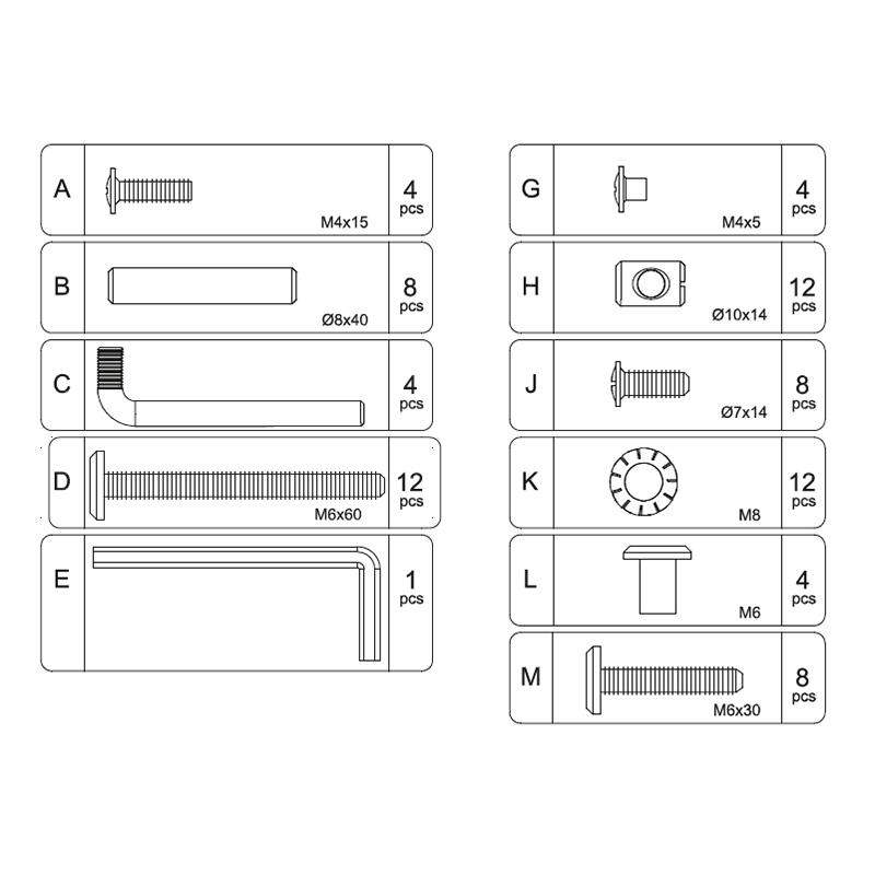 Diagram of the hardware for the Rhea Crib. Showing screws, bolts, and nuts labeled A to M, with specs like M4x15, M6x60, and M8. 