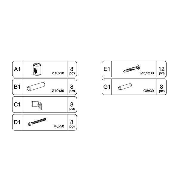 Explore the Sparrow Twin Bed Hardware assembly parts diagram, displaying components A1 to D1 and G1. It features measurements, quantities, and detailed illustrations of each part, aligning perfectly with Oeuf products using precision hardware kits.